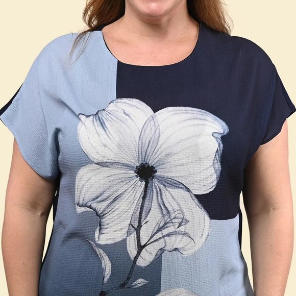 TAMSY BLUE Flower Pattern Breathable Round Neck Drop Sleeve Woven Knit Top-L - Picture 3 of 6